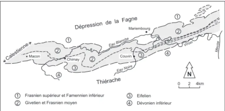 Fig. 2 : Schématisation des entités morphostructurales entre la vallée de la Meuse et la frontière française.