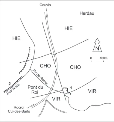 Fig. 8 : Localisation d’ affleurements de la Formation de Chooz, au S de Couvin.