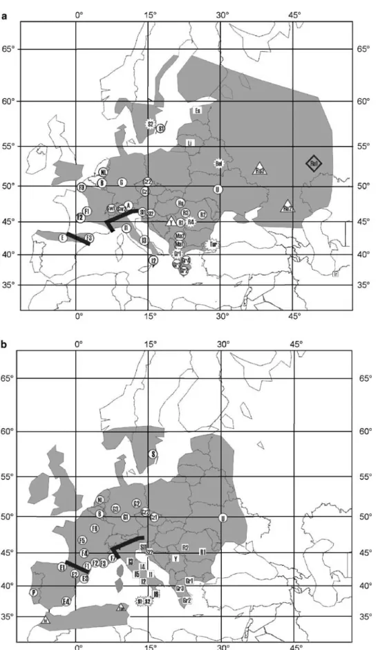 Figure 1 Geographical distribution of the Apodemus flavicollis (a) and A. sylvaticus (b) samples