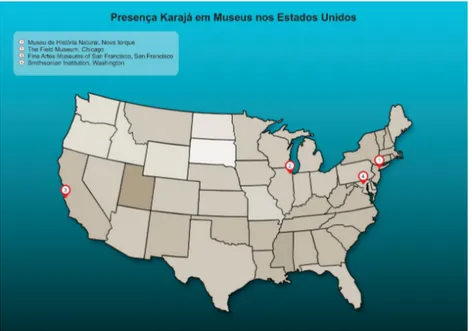 Figura 3 - Mapa localizando os museus com acervos de ritxoko nos Estados Unidos  da América (na América do Norte, já localizamos também as  ritxoko  em um museu  universitário do Canadá)