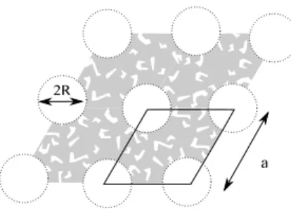 Fig. 9. Sketch of the structure of SBA-15 porous silica, exhibiting a hexagonal array (with lattice parameter a) of cylindrical mesopores with radius R