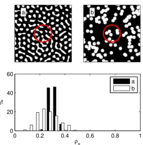 Fig. 1. Two qualitatively different structures (a and b) analysed with the same probe volume Π (red disk)