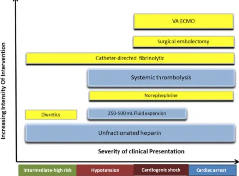 Figure 2 – Recommandations thérapeutiques selon la sévérité de l’embolie pulmonaire. Les boîtes jaunes sont  des thérapeutiques en cours d’essai (18)