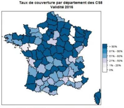 Fig 1. Taux de couverture par département 2016 selon les certificats à J8 