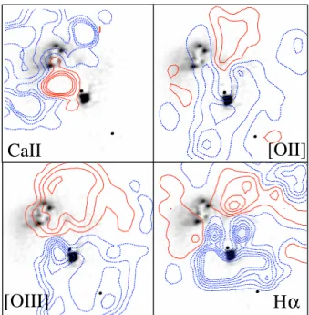 Fig. 12. Velocity maps for the stellar and gas components, overlaid on the HST / ACS deconvolved image