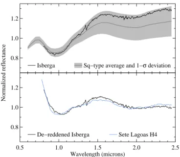 Figure 2: Top: Near-infrared spectrum of Isberga normalized at 1.20 µm com- com-pared with the average Bus-DeMeo Sq-type spectrum