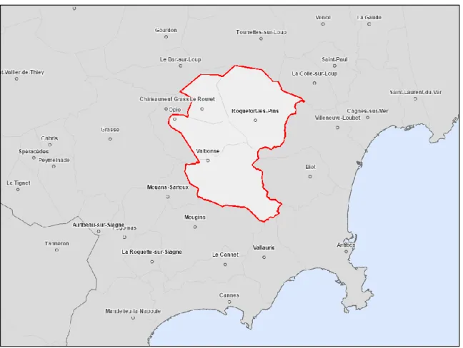 Figure 1. Carte du territoire regroupant les communes de Valbonne, Roquefort-les-pins, Opio et le  Rouret