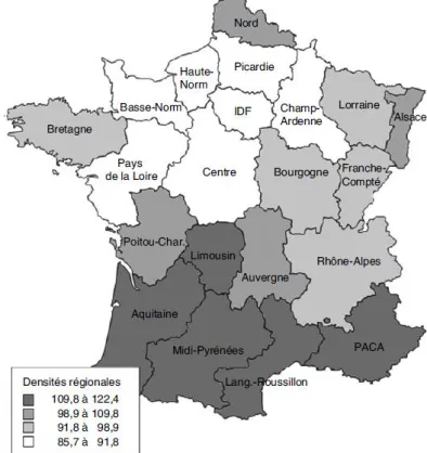 Figure 8 – Densités des médecins généralistes par région en 2007 