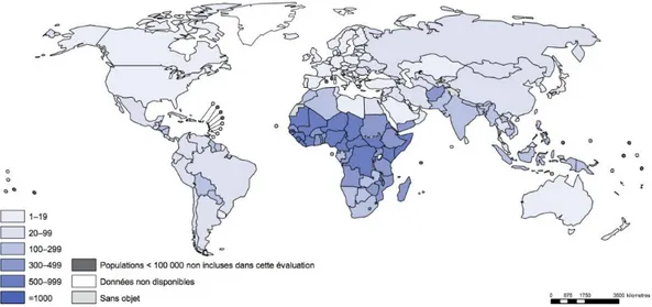 Figure 1. Taux mondial de mortalité maternelle liée à la grossesse et à l’accouchement, pour  100 000 naissances, en 2015, selon l’OMS (5)