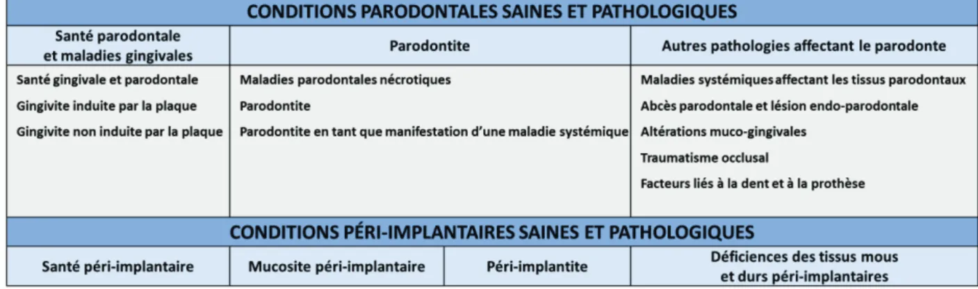 Tableau 1 : Classification des conditions saines et pathologiques des tissus parodontaux et péri- péri-implantaires (39) .