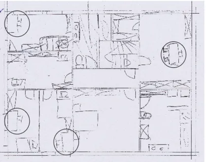 Fig.   5   –   The   blurred   architectural   sketch   to   be   recopied   and   the   various   chairs   and   desks   appearing    in   the   plan   (circled)