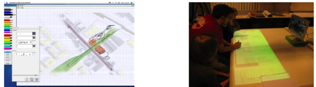 Fig. 2 &amp; 3.  Snapshots of the SketSha Interface and of one group in a collaborative session
