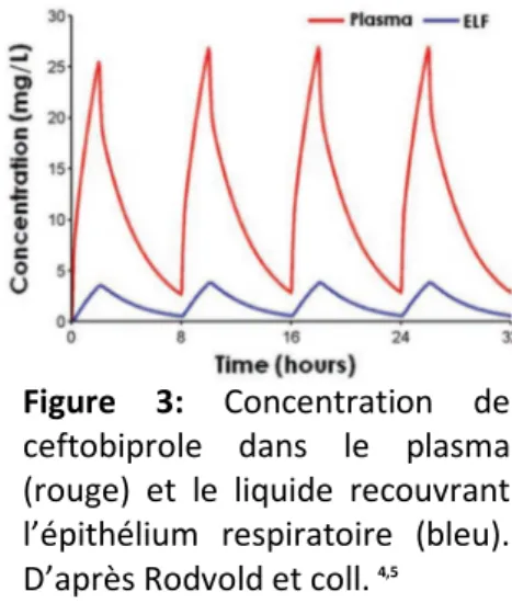 Figure  3:  Concentration  de  ceftobiprole  dans  le  plasma  (rouge)  et  le  liquide  recouvrant  l’épithélium  respiratoire  (bleu)