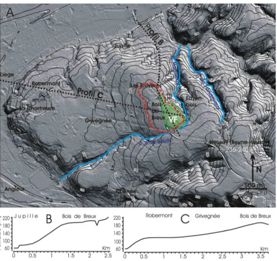 Figure 3 :  Le complexe de replats de Bois de Breux dans le relief environnant (A). Explications : fond de carte  LIDAR (WalOnMap, 2019) ; en vert transparent (VF), le Verger de Fayenbois ; le trait interrompu rouge délimite  l’ensemble des replats de Bois