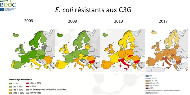 Figure 3 : Évolution de la prévalence des souches d’E. coli résistants aux C3G en  Europe de 2003 à 2017 – Situation de la France - (Source : ECDC – Surveillance Atlas of 