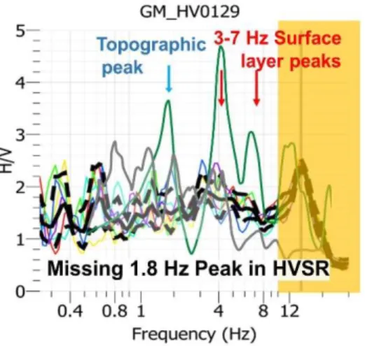 Figure 9. Simulated surface layer model SSR for the equivalent HM site computed with respect to S9  receiver (representing the Delmas 60 site, see green curve) compared with measured NS S-waves  HVSR (grey curve) and the noise HVSR presented by [3].