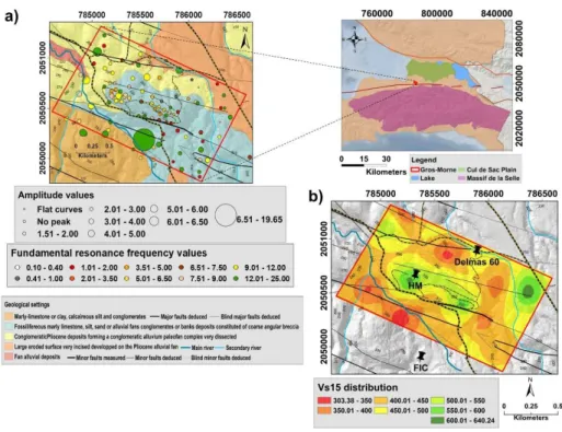 Figure 1. (a) Distribution of the horizontal to vertical spectral ratio (HVSR) results on the geological  map (see on the right the location on larger general geological map); the size of the circle indicates the  amplitude level