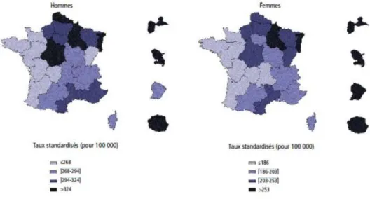 Figure  7  Taux  standardisés  annuels  d'incidence  de  prise  en  charge  pour  affection  de  longue durée diabète, sur la période 2000-2006, par région en métropole, et dans les  départements d'outre-mer