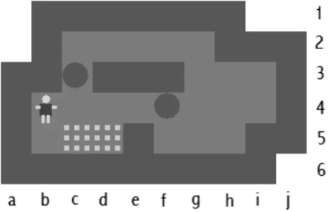 Figure 1: A Sokoban maze and a particular solution: b4-c4-d4-e4-f4-g4-g3-g2-f2-e2-d2-c2-c3-c4-b4- b4-c4-d4-e4-f4-g4-g3-g2-f2-e2-d2-c2-c3-c4-b4-b5-c5-c4-d4-e4-f4-g4-g3-h3-i3-i4-h4-g4-f4-e4-d4-e4-f4-g4-g3-g2-f2-e2-d2-c2-c3-c4
