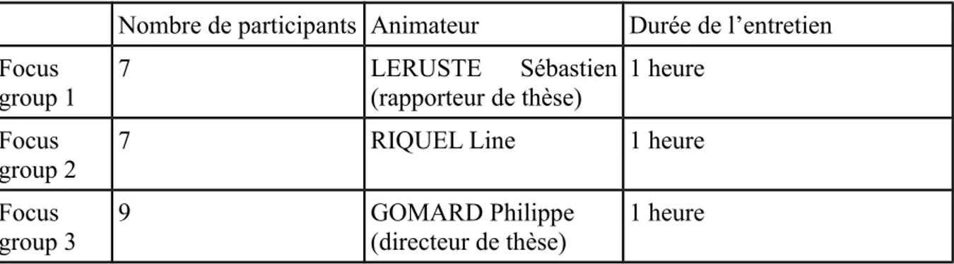 Tableau 1     : Caractéristiques du focus group