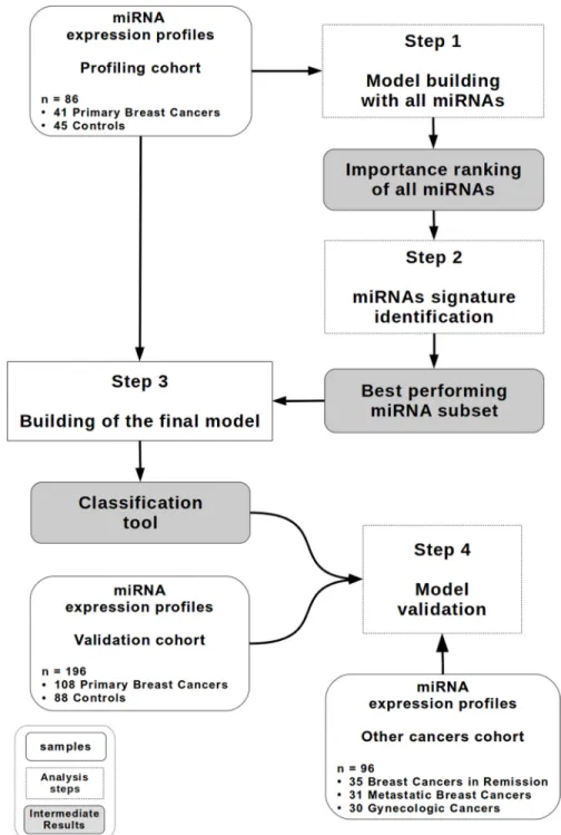 Figure 1: Study design.  A diagram describing the random forest-based methodology. The profiling cohort (n = 86) contains 41 patients  with primary breast cancer and 45 controls