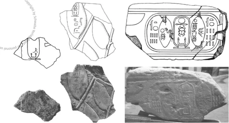 Fig. 1 : Fragments de décor de monuments de Thoutmosis I er  à Karnak mentionnant le nom de Sésostris I er  : feuilles de l’arbre ished  dans une scène de couronnement au trésor de Karnak-nord (d’après Jacquet-Gordon, Karnak-Nord, vol