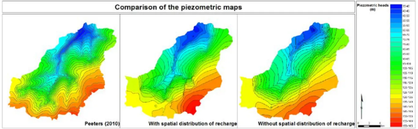 Figure 8. Comparison of the piezometric maps, a) of Peeters (2010) ; b) obtained with an 