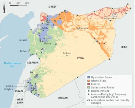 Fig 1 Areas controlled by different factions in the Syrian conflict. Source: BBC