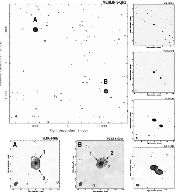 Fig. 1. Summary of the VLA, MERLIN and VLBA radio images of B0827+525 (see text for more details)