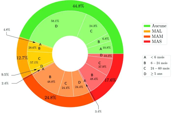 Figure 7 : Schéma représentatif de la prévalence de la MA par classe de sévérité et par tranche  d'âge  (donut plot)