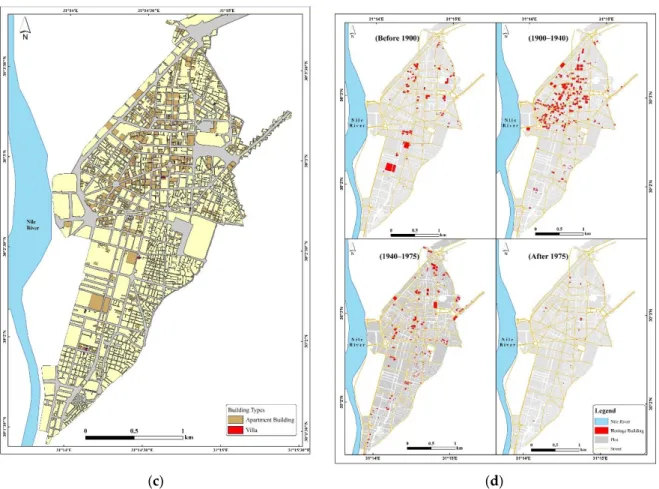 Figure 9. Heritage data. (a) The boundaries of Khedivial Cairo as stated by the Urban Regeneration project for Historic  Cairo (URHC) in 2012; (b) All listed buildings as heritage properties in Khedivial Cairo; (c) Building size; (d) Buildings  evolution b