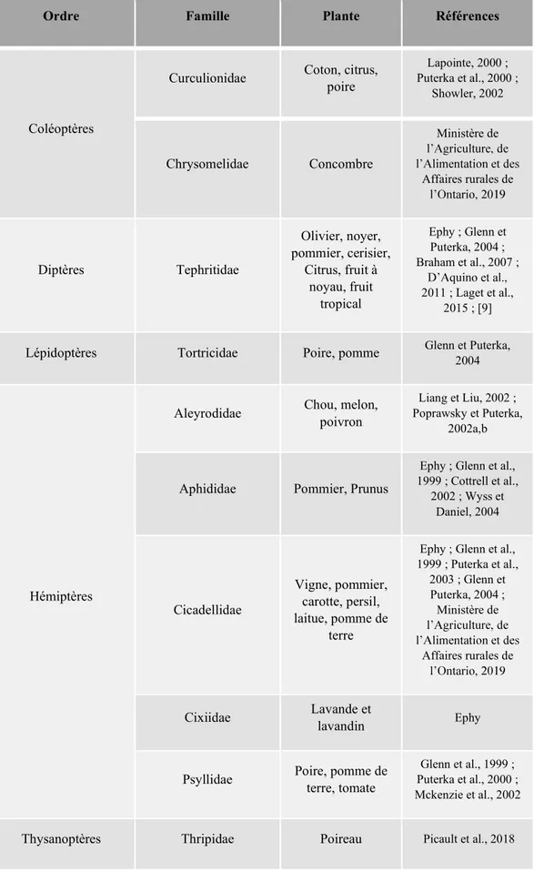 Tableau 4: Liste des ordres d'insectes sur lesquels des effets du kaolin ont été observés
