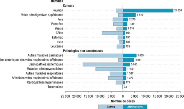 Figure 5 : Nombre de décès attribuables au tabagisme et autres décès non  attribuables, par cause de décès, chez les hommes de 35 ans et plus, France 