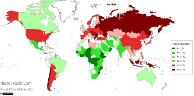 Figure 8 : Carte du monde présentant le nombre de fumeurs dans le monde par  pays en 2012