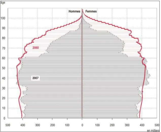 Figure 1 : Pyramide des âges en 2007 et projection en 2060 