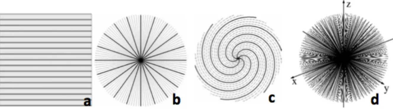 Figure 2: Différents modes de balayage de l'espace k: (a) cartésien, (b) radial, (c) spiralé,                       (d) radial sphérique
