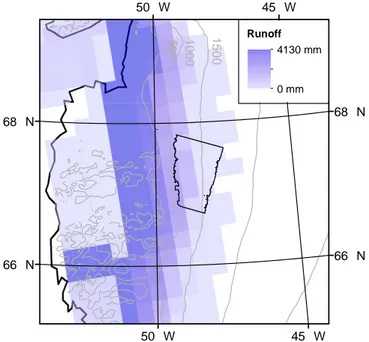 Fig. 1. Map of Greenland showing elevation contours (Bamber et al., 2001) at 500 m intervals from 500 m