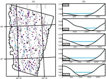 Figure 3a shows a comparison between observed (red) and simulated (blue) lake distribution, with coincident lake area highlighted in purple, in our study area