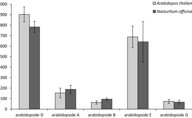 Figure 6.  Arabidopside quantification in Arabidopsis thaliana and Nasturtium officinale 30 min after freeze- freeze-thawing (n = 3)