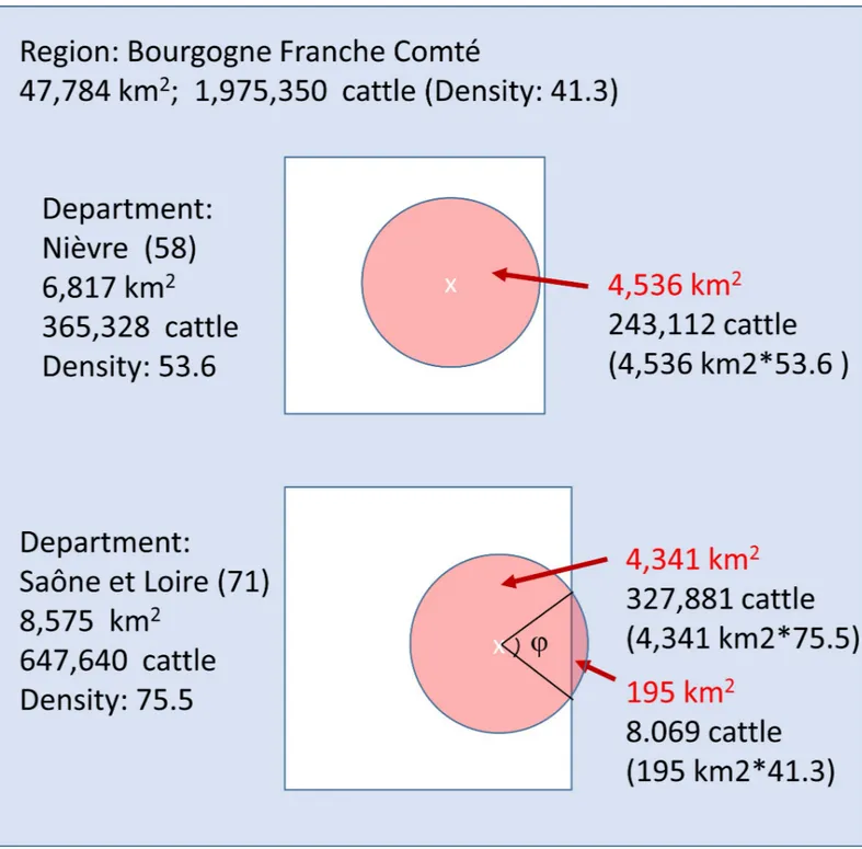 Fig 1. Graphic representation of the calculations to obtain the number of cattle to be vaccinate: In the top, the outbreak appears in Sao ˆne-et-Loire department and part of the circle goes beyond the department, affecting other departments of the region