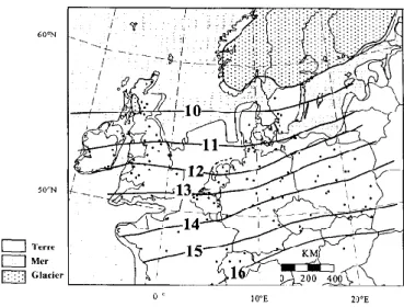 Figure 8. Répartition probable de la température moyenne minimum de juillet au niveau de la mer pour la  deuxième partie du Dryas récent (Isarin, 1997, p