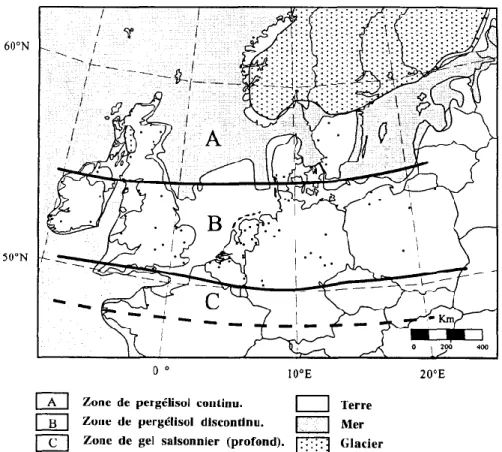 Figure 13. Isothermes de la température moyenne annuelle et estimation de la température moyenne du  mois le plus froid (en italiques) au niveau de la mer pendant le Dernier Dryas (Isarin, 1997, p