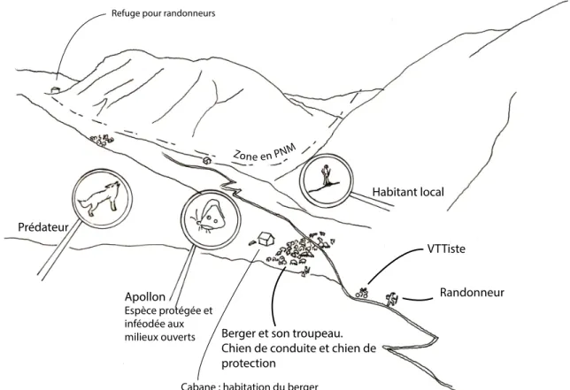 Figure 13: Les différents usagers et composantes de l’alpage A.Warter, 2019.