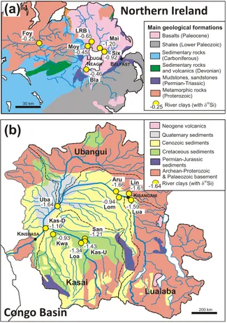 Fig. 2. Simpliﬁed lithological maps of Northern Ireland (a) and the Congo River Basin (b) areas, with position of studied river bank sediments (Northern Ireland) or suspended particulate (Congo Basin) samples (yellow circles), with corresponding d 30 Si  c