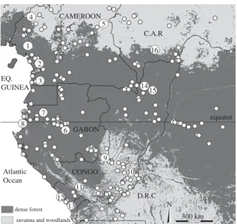 Figure 1. The study area (Central Atlantic Africa) showing the location of 328 archaeological sites and 16 lake coring sites in the dense forest and forest/