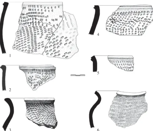 Figure 4. Typical Malongo tradition pottery: profile and vase fragments of fluted edges decorated with collars and swivel impressions