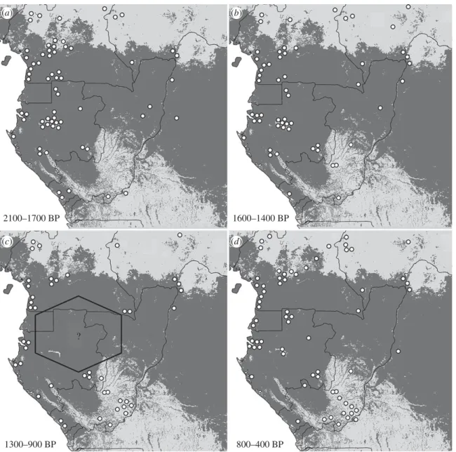 Figure 5. Maps showing distribution of dated archaeological sites in the periods: (a) 2100 – 1700 years BP; (b) 1600 – 1400 years BP; (c) 1300 – 900 years BP;