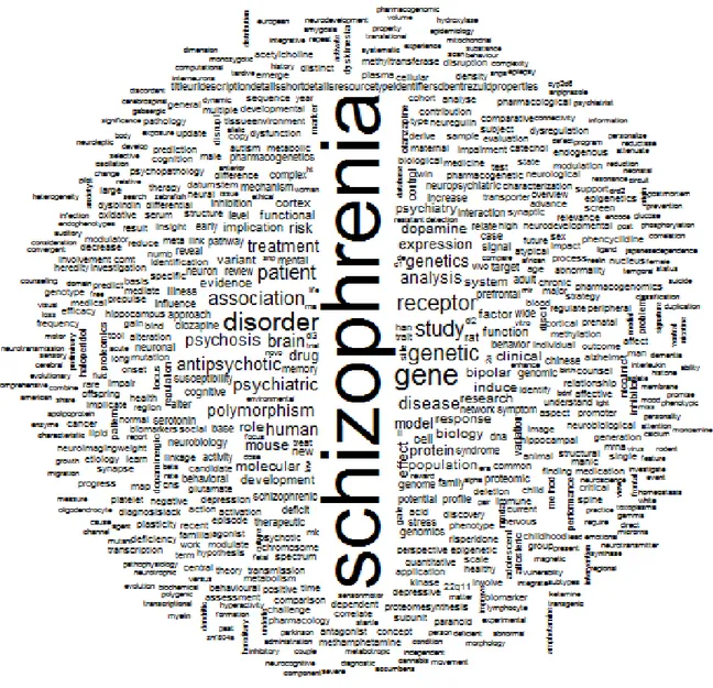 Figure 2.4 représentant le nuage de mots associé à la requête « Schizophrenia OR psychosis  AND  biology »  ainsi  que  leur  fréquence  d’apparition  (taille  du  mot)