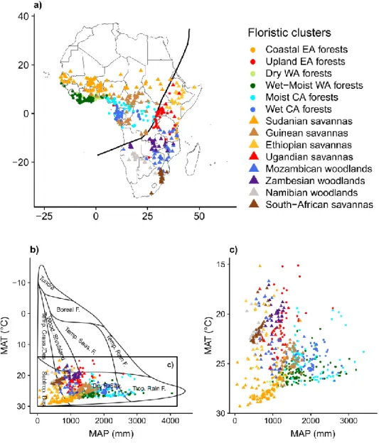Figure  1.5  Floristic  clusters  identified  by  Fayolle  et  al.  (2014,  2018)  across  tropical  Africa and plotted in geographical and environmental spaces