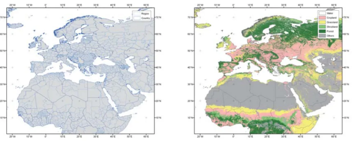 Figure 1. (left) Administrative layer: countries and regions, (right) Global Land Cover 2000, with legend simplifi ed to 6 classes.